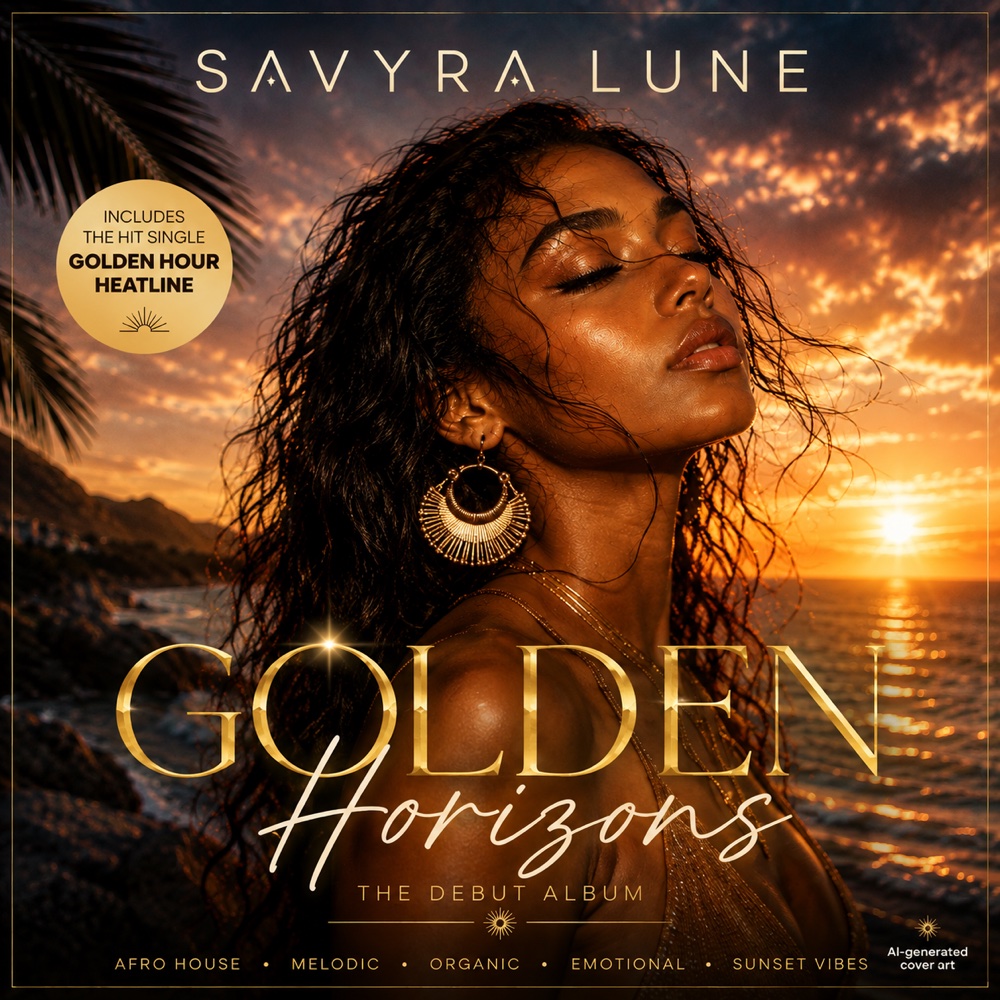 Cover of Golden Hour Heatline by Savyra Lune, from the debut EP Golden Horizons: SAVYRA against a sunset over the sea, golden backlight, a palm frond at the edge of the frame.